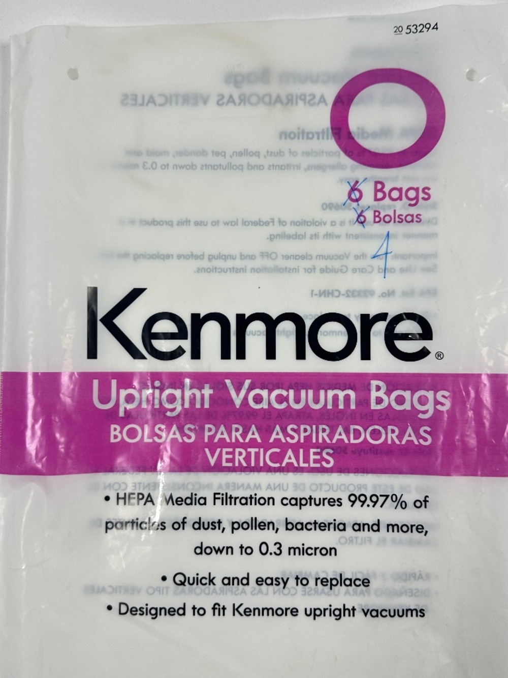Kenmore Upright Vacuum Bags Style O Replaces 50690 HEPA Media Filtration 4 Bags